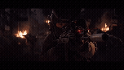 Soldier With Mask In Dark Room With Chinese Writing GIF