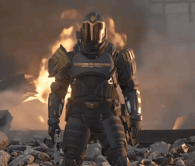 Soldier With Skull Helmet Holding Gun In Front Of Fire GIF