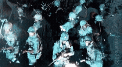Soldiers Gathered In Dark Room With Number 022 GIF