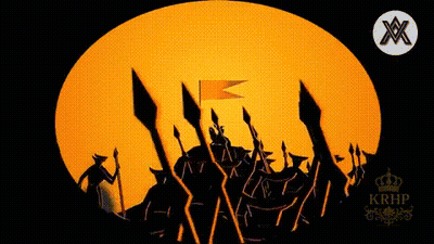 Soldiers Holding Spears In Front Of Large Sun With KRHP Logo GIF