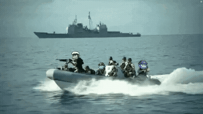 Soldiers In Boat With Ship In Background GIF