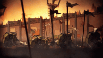 Soldiers Lying Before Burning Building With Flags GIF