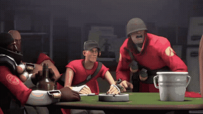 Soldiers Sitting Around Table With Ashtray And Bucket GIF