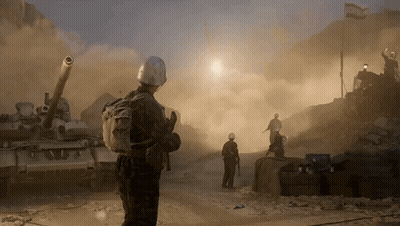Soldiers Standing In Front Of Tanks GIF