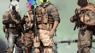 Soldiers Standing One In Bear Mask GIF