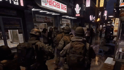 Soldiers Walking Past Store Saying Squid GIF