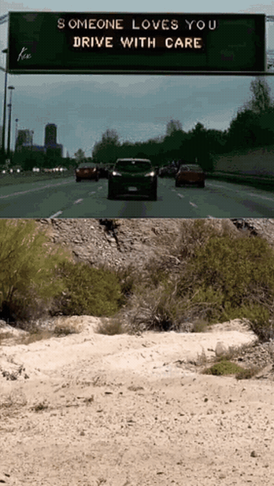 Someone Loves You Drive With Care Is Written On A Sign Above A Highway GIF