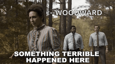 Something Terrible Happened Here Is Written Above A Woman In The Woods GIF