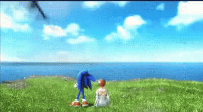 Sonic Hedgehog With Woman In Field By Ocean GIF