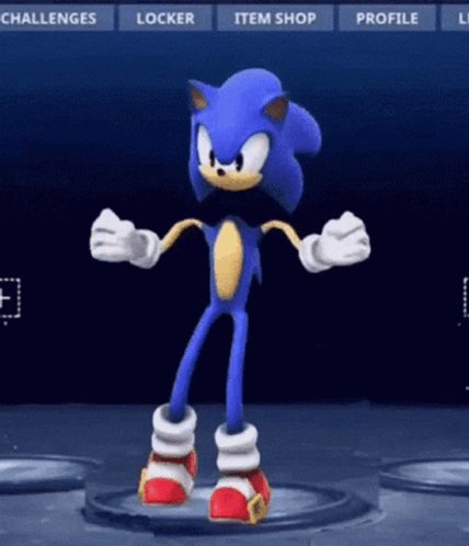 Sonic The Hedgehog Is Dancing In Front Of A Screen That Says Challenges Locker Item Shop And Profile GIF