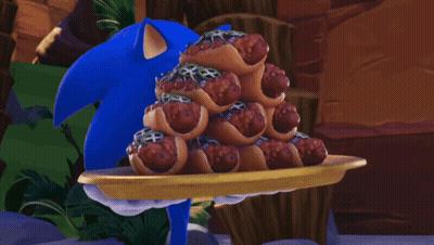 Sonic The Hedgehog Is Holding A Tray Of Hot Dogs With Jalapenos On Them GIF