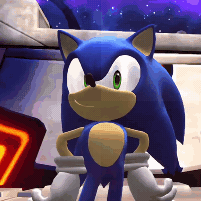 Sonic The Hedgehog Is Standing With His Hands On His Hips And Looking At The Camera GIF