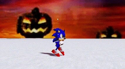 Sonic The Hedgehog Is Walking In Front Of A Pumpkin With A Face On It . GIF
