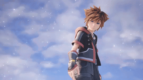 Sora From The Video Game Kingdom Hearts 3 Is Standing In Front Of A Blue Sky . GIF