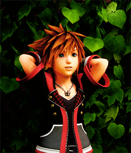 Sora From The Video Game Kingdom Hearts Stands In Front Of A Bush GIF