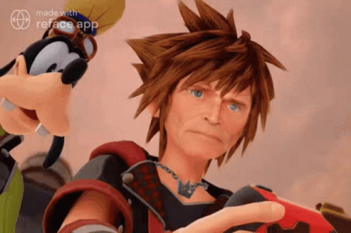 Sora Holding Red Controller Looking At Goofy GIF