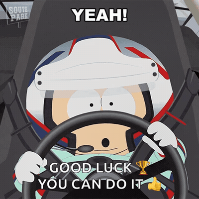 South Park Character Driving Car Saying Good Luck GIF