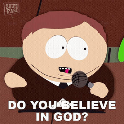 South Park Character Holding Microphone Asking About God GIF