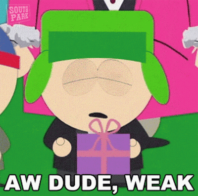 South Park Character Holding Purple Gift Box Saying Aw Dude Weak GIF