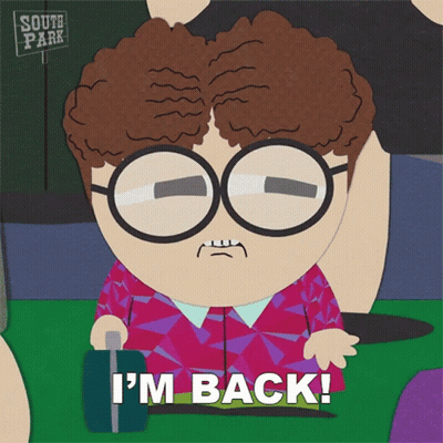South Park Character Says I'm Back Holding Suitcase GIF