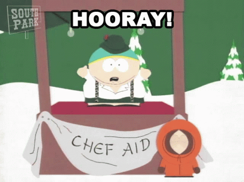 South Park Character Standing In Front Of Chef Aid Sign GIF
