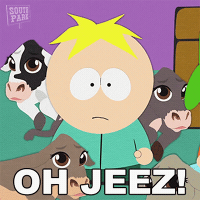 South Park Character Surrounded By Cows Saying Oh Jeez GIF