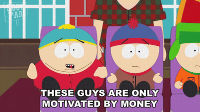 South Park Characters In Purple Seats Motivated By Money GIF