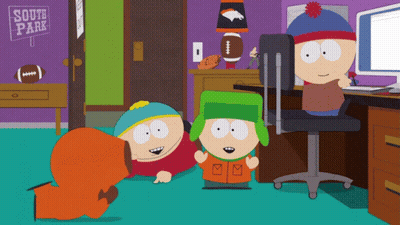 South Park Characters In Room With Sign GIF