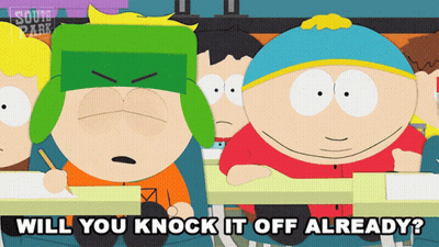 South Park Characters Sitting At Desks Saying Will You Knock It Off Already GIF