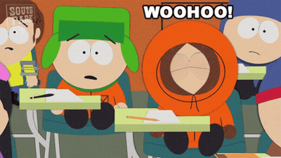 South Park Characters Sitting At Desks Saying Woohoo GIF