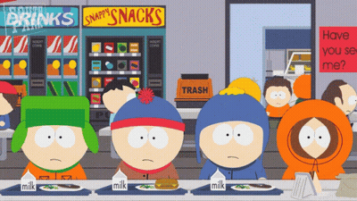 South Park Characters Sitting At Table With Snacks And Drinks GIF