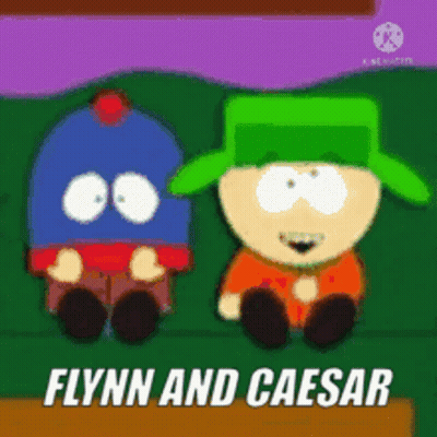 South Park Flynn And Caesar Sitting On Green Surface GIF