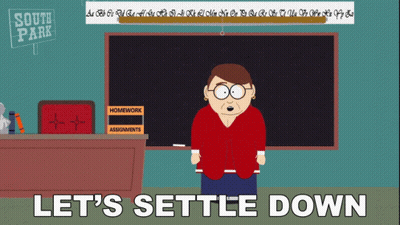 South Park Teacher At Blackboard Saying Let's Settle Down GIF