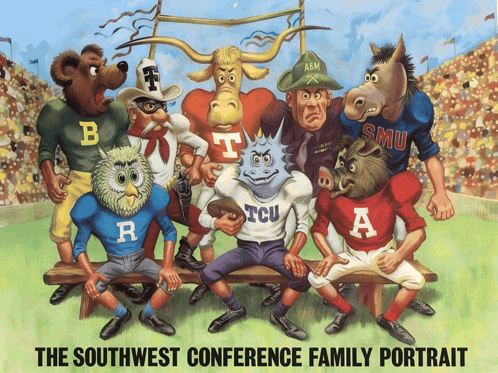 Southwest Conference Family Portrait Cartoon Characters Sitting On Bench GIF