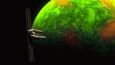 Space Ship Flying Past Green Planet GIF