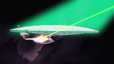 Space Ship Flying Through Space With Green Light GIF