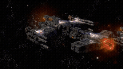 Space Ship Flying With Blue Cannon Light GIF
