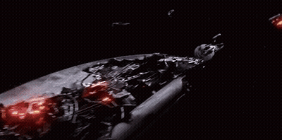 Spaceship Flying Through Dark Space With Red Lights GIF