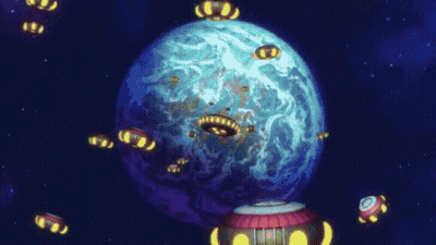 Spaceships Flying Around Blue Planet GIF
