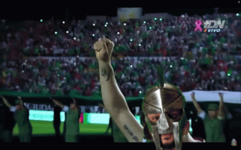 Spartan Helmet Man Raising Fist At Crowd GIF