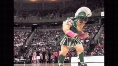 Spartan Mascot Dancing On Court In Front Of Crowd GIF