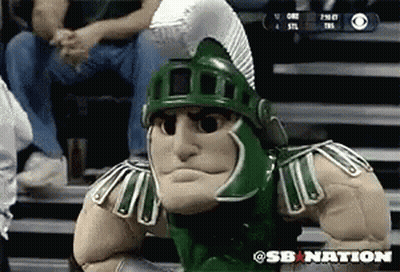 Spartan Mascot Sitting On Bleacher In Front Of CBS Logo GIF