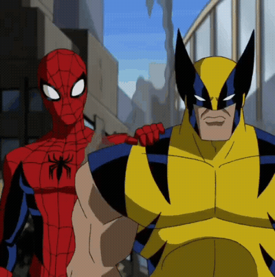 Spider-Man And Wolverine Are Standing Next To Each Other On A City Street GIF