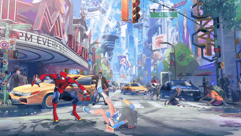 Spider Man Fighting Woman In Front Of 42 St Sign GIF