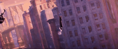 Spider-Man Hanging From Rope In Front Of City GIF