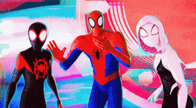 Spider-Man , Miles Morales And Ghost Spider Are Standing Next To Each Other On A Colorful Background . GIF