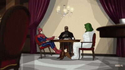 Spider-Man Sitting At Table With Two Men GIF