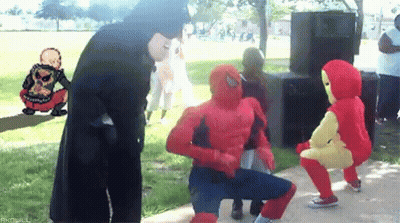 Spiderman And Iron Man Dancing In Park GIF