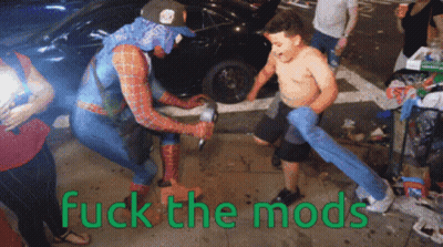 Spiderman And Shirtless Man With Fuck The Mods GIF