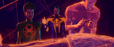 Spiderman Characters Standing In Dark Room GIF